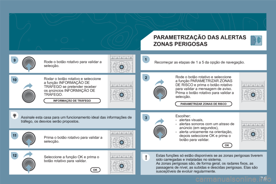 CITROEN C6 2012 Manual do condutor (in Portuguese) 7.9
99
1010
1111
1212
22
11
33
PARAMETRIZAR ZONAS DE RISCO
Rodar o botão rotativo e seleccione a função INFORMAÇÃO DETRÁFEGO se pretender receber çÇ
os anúncios INFORMAÇÃO DEp
TRÁFEGO.
CITROEN C6 2012 Manual do condutor (in Portuguese) 7.9
99
1010
1111
1212
22
11
33
PARAMETRIZAR ZONAS DE RISCO
Rodar o botão rotativo e seleccione a função INFORMAÇÃO DETRÁFEGO se pretender receber çÇ
os anúncios INFORMAÇÃO DEp
TRÁFEGO.