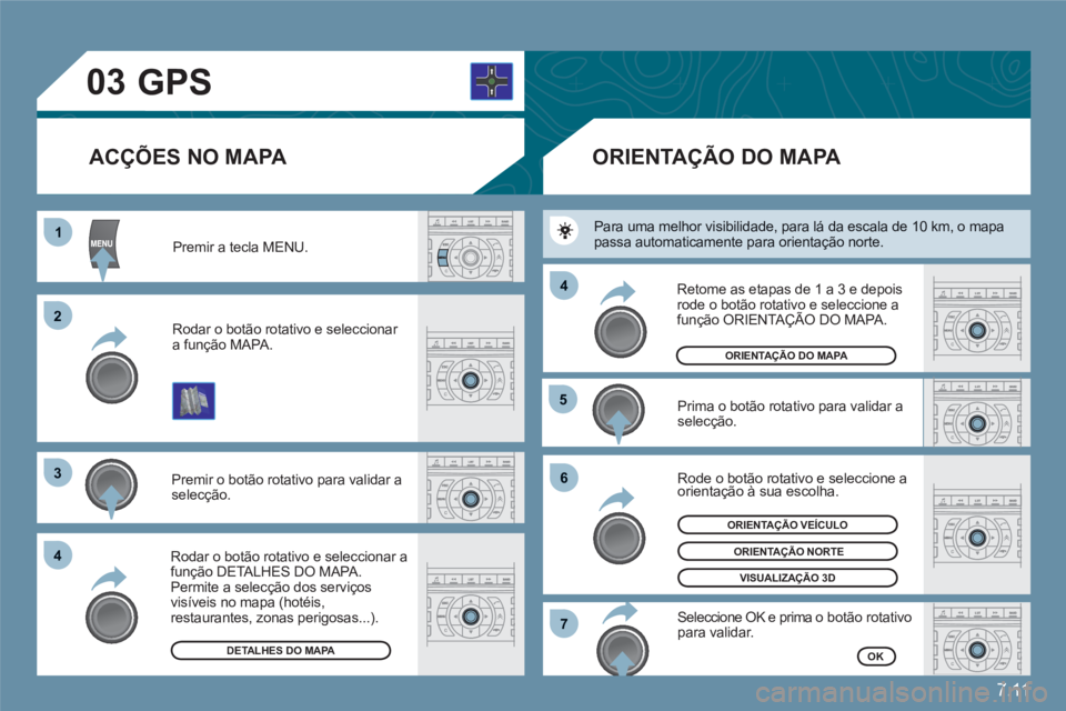 CITROEN C6 2012 Manual do condutor (in Portuguese) 7.11
03
11
22
33
44
55
66
77
44
Premir a tecla MENU.
Rodar o botão rotativo e seleccionar a função MAPA.
Premir o botão rotativo para validar a selecção.
Rodar o botão rotativo e selecciona CITROEN C6 2012 Manual do condutor (in Portuguese) 7.11
03
11
22
33
44
55
66
77
44
Premir a tecla MENU.
Rodar o botão rotativo e seleccionar a função MAPA.
Premir o botão rotativo para validar a selecção.
Rodar o botão rotativo e selecciona