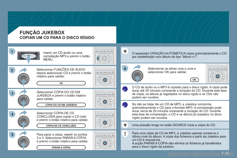 CITROEN C6 2012 Manual do condutor (in Portuguese) 7.19
22
33
11
55
66
44
CÓPIA DO CD EM JUKEBOX
OK
PARAR A CÓPIA
CÓPIA DE CD CONCLUÍDA
Seleccionar CÓPIA DO CD EM JUKEBOX e premir o botão rotativo para validar.
Seleccionar CÓPIA DE CD CONCLU CITROEN C6 2012 Manual do condutor (in Portuguese) 7.19
22
33
11
55
66
44
CÓPIA DO CD EM JUKEBOX
OK
PARAR A CÓPIA
CÓPIA DE CD CONCLUÍDA
Seleccionar CÓPIA DO CD EM JUKEBOX e premir o botão rotativo para validar.
Seleccionar CÓPIA DE CD CONCLU