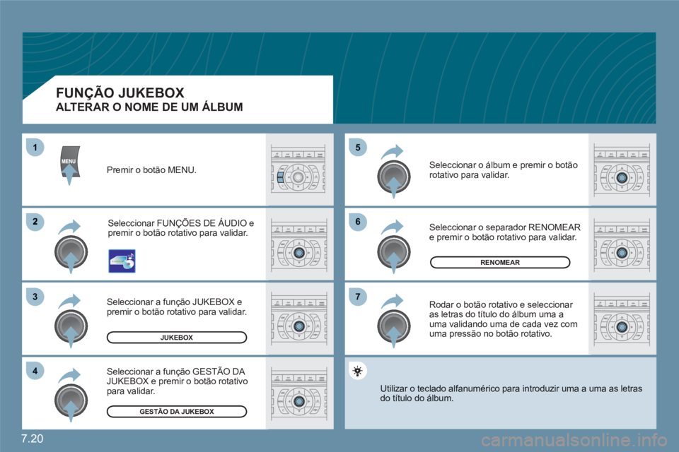 CITROEN C6 2012 Manual do condutor (in Portuguese) 7.20
66
77
55
2
33
44
11
RENOMEAR
JUKEBOX
GESTÃO DA JUKEBOX
Premir o botão MENU.
Seleccionar FUNÇÕES DE ÁUDIO epremir o botão rotativo para validar.
Seleccionar a função JUKEBOX epremir o bot CITROEN C6 2012 Manual do condutor (in Portuguese) 7.20
66
77
55
2
33
44
11
RENOMEAR
JUKEBOX
GESTÃO DA JUKEBOX
Premir o botão MENU.
Seleccionar FUNÇÕES DE ÁUDIO epremir o botão rotativo para validar.
Seleccionar a função JUKEBOX epremir o bot