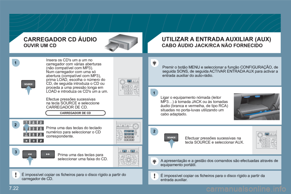 CITROEN C6 2012 Manual do condutor (in Portuguese) 7.22
11
22
11
33
22
Premir o botão MENU e seleccionar a função CONFIGURAÇÃO, deseguida SONS, de seguida ACTIVAR ENTRADA AUX para activar aentrada auxiliar do auto-rádio.
Ligar o equipamento CITROEN C6 2012 Manual do condutor (in Portuguese) 7.22
11
22
11
33
22
Premir o botão MENU e seleccionar a função CONFIGURAÇÃO, deseguida SONS, de seguida ACTIVAR ENTRADA AUX para activar aentrada auxiliar do auto-rádio.
Ligar o equipamento
