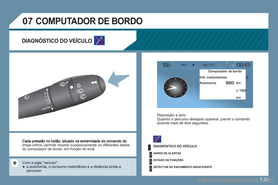 CITROEN C6 2012 Manual do condutor (in Portuguese) 7.29
1
2
2
2
07
12
63 9
limpa-vidros , permite mostrar sucessivamente os diferentes dadosdo computador de bordo, em função do ecrã.
Com a sigla "veículo" :
●
a autonomia, o consumo in CITROEN C6 2012 Manual do condutor (in Portuguese) 7.29
1
2
2
2
07
12
63 9
limpa-vidros , permite mostrar sucessivamente os diferentes dadosdo computador de bordo, em função do ecrã.
Com a sigla "veículo" :
●
a autonomia, o consumo in