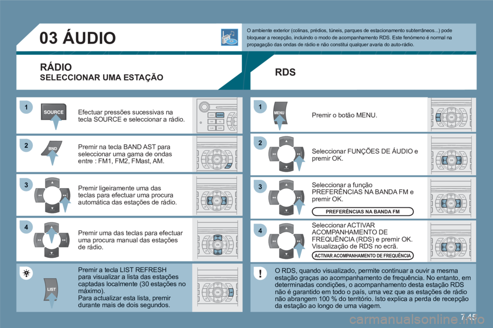 CITROEN C6 2012 Manual do condutor (in Portuguese) 7.45
11
22
33
44
22
44
33
11
03
ÁUDIO
Efectuar pressões sucessivas natecla SOURCE e seleccionar a rádio.
Premir na tecla BAND AST para seleccionar uma gama de ondas entre : FM1, FM2, CITROEN C6 2012 Manual do condutor (in Portuguese) 7.45
11
22
33
44
22
44
33
11
03
ÁUDIO
Efectuar pressões sucessivas natecla SOURCE e seleccionar a rádio.
Premir na tecla BAND AST para seleccionar uma gama de ondas entre : FM1, FM2,