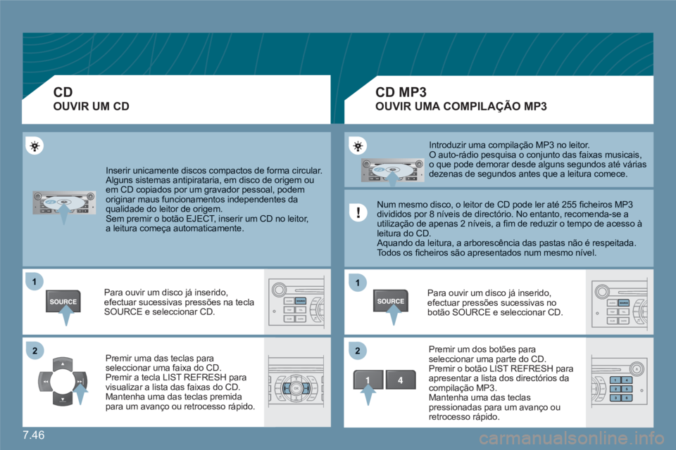 CITROEN C6 2012 Manual do condutor (in Portuguese) 7.46
11
22
11
22
Inserir unicamente discos compactos de forma circular. Alguns sistemas antipirataria, em disco de origem ouem CD copiados por um gravador pessoal, podemoriginar maus funcionamentos CITROEN C6 2012 Manual do condutor (in Portuguese) 7.46
11
22
11
22
Inserir unicamente discos compactos de forma circular. Alguns sistemas antipirataria, em disco de origem ouem CD copiados por um gravador pessoal, podemoriginar maus funcionamentos