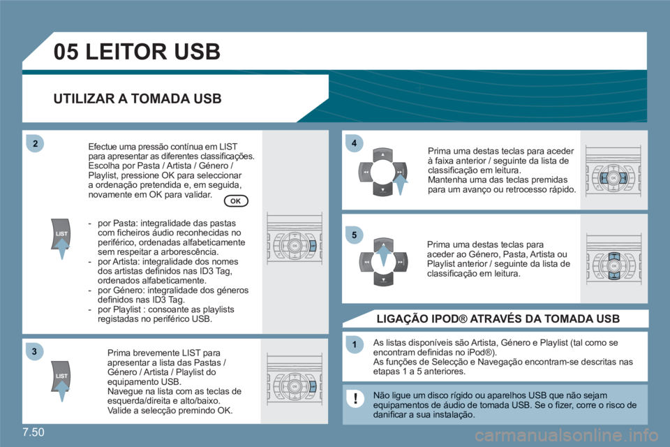 CITROEN C6 2012 Manual do condutor (in Portuguese) 7.50
33
05
44
11
55
22
LEITOR USB
UTILIZAR A TOMADA USB
Prima brevemente LIST para apresentar a lista das Pastas / Género / Artista / Playlist do equipamento USB. Navegue na lista com as teclas de CITROEN C6 2012 Manual do condutor (in Portuguese) 7.50
33
05
44
11
55
22
LEITOR USB
UTILIZAR A TOMADA USB
Prima brevemente LIST para apresentar a lista das Pastas / Género / Artista / Playlist do equipamento USB. Navegue na lista com as teclas de