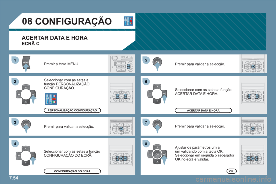 CITROEN C6 2012 Manual do condutor (in Portuguese) 7.54
55
66
77
88
11
22
33
44
08
CONFIGURAÇÃO
Premir a tecla MENU.
Seleccionar com as setas a função PERSONALIZAÇÃO CONFIGURAÇÃO. ç
Premir para validar a selecção.
Seleccion CITROEN C6 2012 Manual do condutor (in Portuguese) 7.54
55
66
77
88
11
22
33
44
08
CONFIGURAÇÃO
Premir a tecla MENU.
Seleccionar com as setas a função PERSONALIZAÇÃO CONFIGURAÇÃO. ç
Premir para validar a selecção.
Seleccion