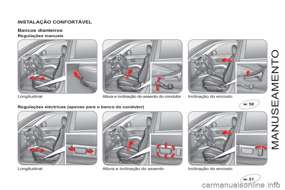 CITROEN C-CROSSER 2012  Manual do condutor (in Portuguese) 11  
M
AN
US
EAMENT
O
   
INSTALAÇÃO CONFORTÁVEL
�51  
 
 
 
 
Bancos dianteiros 
 
Longitudinal  
Altura e inclinação do assento do condutor  
Inclinação do encosto    
Regulações manuais 
