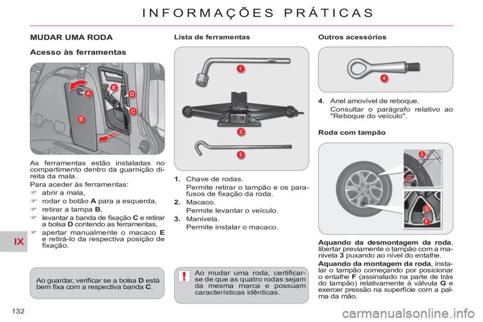 CITROEN C-CROSSER 2012 Manual do condutor (in Portuguese) IX
!
INFORMAÇÕES PRÁTICAS
132
MUDAR UMA RODA
1.
Chave de rodas.
Permite retirar o tampão e os para-
fusos de fi xação da roda.
2.
Macaco.
Permite levantar o veículo.
CITROEN C-CROSSER 2012 Manual do condutor (in Portuguese) IX
!
INFORMAÇÕES PRÁTICAS
132
MUDAR UMA RODA
1.
Chave de rodas.
Permite retirar o tampão e os para-
fusos de fi xação da roda.
2.
Macaco.
Permite levantar o veículo.