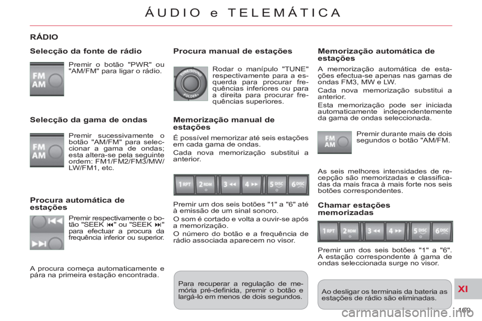 CITROEN C-CROSSER 2012  Manual do condutor (in Portuguese) XI
169 
ÁUDIO e TELEMÁTICA
RÁDIO 
   
Selec
ção da fonte de rádio
 
Premir o botão "PWR" ou 
"AM/FM" para ligar o rádio.  
  Ao desligar os terminais da bateria as 
estações de rádio são e