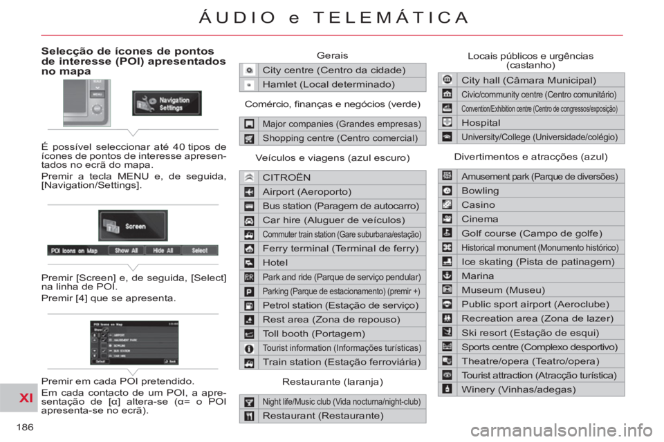 CITROEN C-CROSSER 2012  Manual do condutor (in Portuguese) XI
186
ÁUDIO e TELEMÁTICA
Selecção de ícones de pontos de interesse (POI) apresentadosno mapa
  É possível seleccionar até 40 tipos de 
ícones de pontos de interesse apresen-
tados no ecrã d