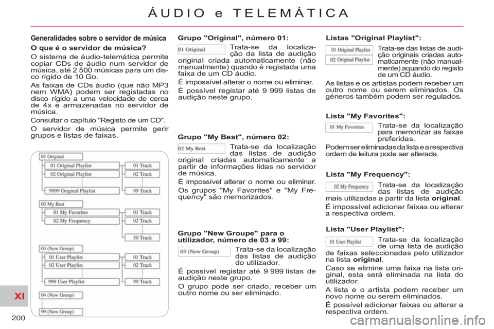 CITROEN C-CROSSER 2012  Manual do condutor (in Portuguese) XI
200
ÁUDIO e TELEMÁTICA
   
Generalidades sobre o servidor de música 
 
 
O que é o servidor de música? 
  O sistema de áudio-telemática permite 
copiar CDs de áudio num servidor de 
música