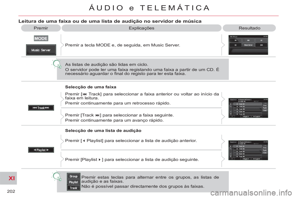 CITROEN C-CROSSER 2012  Manual do condutor (in Portuguese) XI
202
ÁUDIO e TELEMÁTICA
  Explicações  Resultado 
Leitura de uma faixa ou de uma lista de audição no servidor de música
 
Premir 
  Premir a tecla MODE e, de seguida, em Music Server. 
  As l