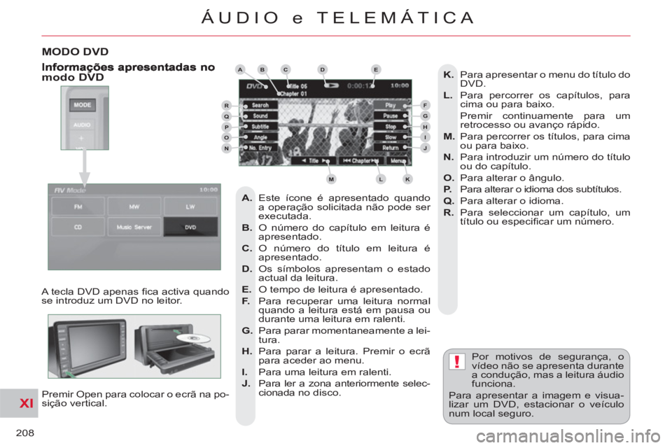 CITROEN C-CROSSER 2012  Manual do condutor (in Portuguese) XI
!
208
ÁUDIO e TELEMÁTICA
MODO DVD
  A tecla DVD apenas ﬁ ca activa quando 
se introduz um DVD no leitor. 
  Premir Open para colocar o ecrã na po-
sição vertical.   Por motivos de segurança