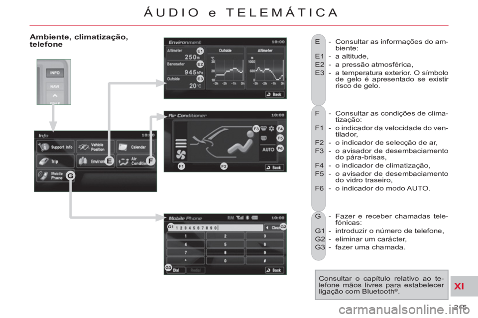 CITROEN C-CROSSER 2012 Manual do condutor (in Portuguese) XI
215
ÁUDIO e TELEMÁTICA
F - Consultar as condições de clima-
tização:
F1 - o indicador da velocidade do ven-
tilador,
F2 - o indicador de selecção de ar,
F3 - o avisador CITROEN C-CROSSER 2012 Manual do condutor (in Portuguese) XI
215
ÁUDIO e TELEMÁTICA
F - Consultar as condições de clima-
tização:
F1 - o indicador da velocidade do ven-
tilador,
F2 - o indicador de selecção de ar,
F3 - o avisador