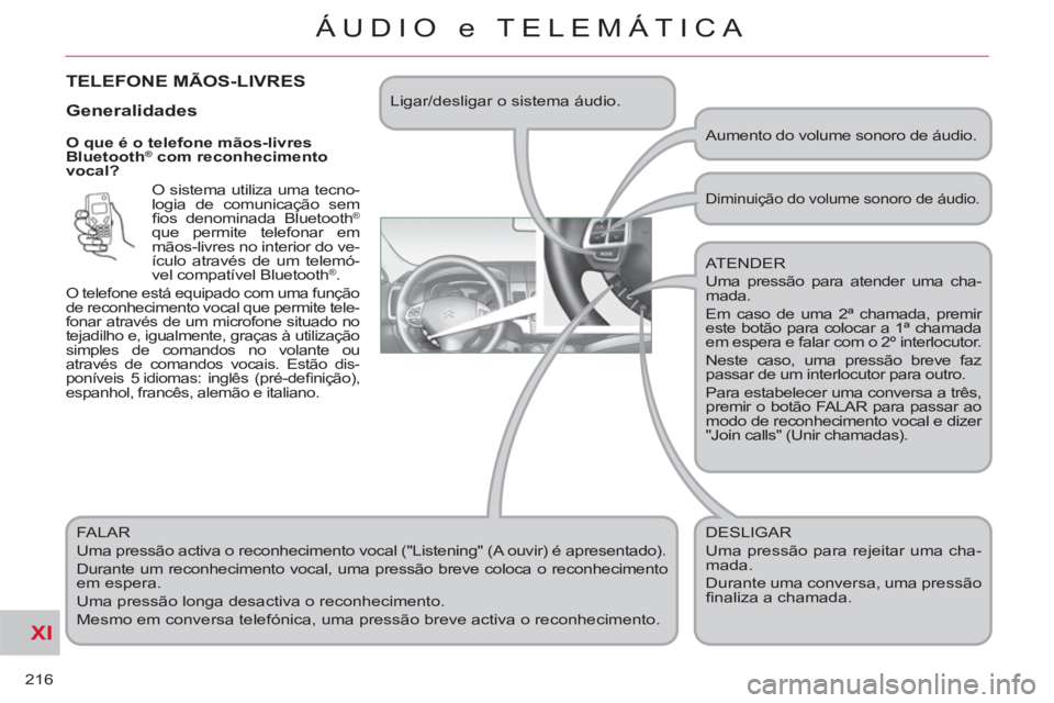 CITROEN C-CROSSER 2012 Manual do condutor (in Portuguese) XI
216
ÁUDIO e TELEMÁTICA
O que é o telefone mãos-livres
Bluetooth® com reconhecimento
vocal?
O sistema utiliza uma tecno-
logia de comunicação sem
fi os denominada Bluetooth
®
que CITROEN C-CROSSER 2012 Manual do condutor (in Portuguese) XI
216
ÁUDIO e TELEMÁTICA
O que é o telefone mãos-livres
Bluetooth® com reconhecimento
vocal?
O sistema utiliza uma tecno-
logia de comunicação sem
fi os denominada Bluetooth
®
que