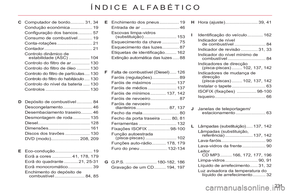 CITROEN C-CROSSER 2012 Manual do condutor (in Portuguese) 231
ÍNDICE ALFABÉTICO
GHora (ajuste) ......................... 39, 41
DComputador de bordo........... 31, 34
Condução económica ................. 19
Confi guração dos bancos ........... 57
Con CITROEN C-CROSSER 2012 Manual do condutor (in Portuguese) 231
ÍNDICE ALFABÉTICO
GHora (ajuste) ......................... 39, 41
DComputador de bordo........... 31, 34
Condução económica ................. 19
Confi guração dos bancos ........... 57
Con