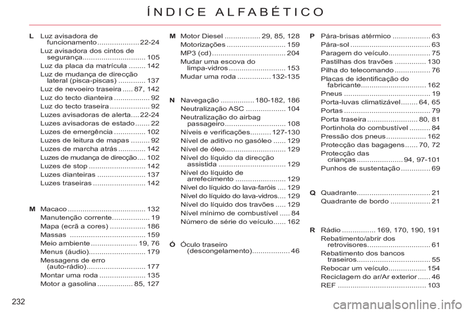 CITROEN C-CROSSER 2012 Manual do condutor (in Portuguese) 232
ÍNDICE ALFABÉTICO
LLuz avisadora de
funcionamento .................... 22-24
Luz avisadora dos cintos de
segurança .............................. 105
Luz da placa da matrícula ........ 142
L CITROEN C-CROSSER 2012 Manual do condutor (in Portuguese) 232
ÍNDICE ALFABÉTICO
LLuz avisadora de
funcionamento .................... 22-24
Luz avisadora dos cintos de
segurança .............................. 105
Luz da placa da matrícula ........ 142
L