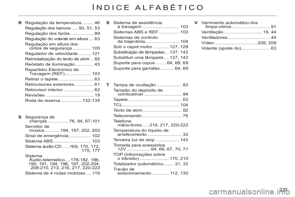 CITROEN C-CROSSER 2012 Manual do condutor (in Portuguese) 233
ÍNDICE ALFABÉTICO
ST Regulação da temperatura ......... 46
Regulação dos bancos ..... 50, 51, 53
Regulação dos faróis .................. 89
Regulação do volante em altura .... 63
Regula CITROEN C-CROSSER 2012 Manual do condutor (in Portuguese) 233
ÍNDICE ALFABÉTICO
ST Regulação da temperatura ......... 46
Regulação dos bancos ..... 50, 51, 53
Regulação dos faróis .................. 89
Regulação do volante em altura .... 63
Regula