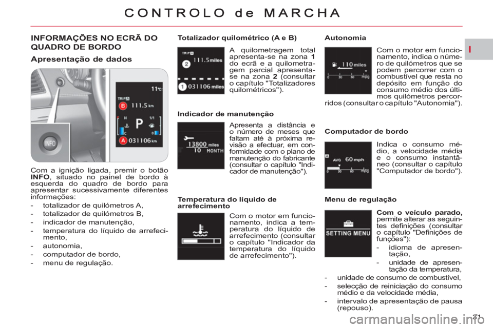 CITROEN C-CROSSER 2012 Manual do condutor (in Portuguese) I
31 A quilometragem total
apresenta-se na zona 1
do ecrã e a quilometra-
gem parcial apresenta-
se na zona 2
(consultar
o capítulo "Totalizadores
quilométricos").
Totalizador qu CITROEN C-CROSSER 2012 Manual do condutor (in Portuguese) I
31 A quilometragem total
apresenta-se na zona 1
do ecrã e a quilometra-
gem parcial apresenta-
se na zona 2
(consultar
o capítulo "Totalizadores
quilométricos").
Totalizador qu