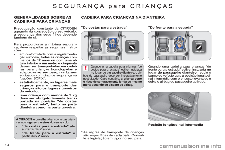 CITROEN C-CROSSER 2012 Manual do condutor (in Portuguese) V!
SEGURANÇA para CRIANÇAS
94
"De costas para a estrada"
"De frente para a estrada"
*
As regras de transporte de crianças
são específi cas de cada país. Consul-
te a legislaç CITROEN C-CROSSER 2012 Manual do condutor (in Portuguese) V!
SEGURANÇA para CRIANÇAS
94
"De costas para a estrada"
"De frente para a estrada"
*
As regras de transporte de crianças
são específi cas de cada país. Consul-
te a legislaç