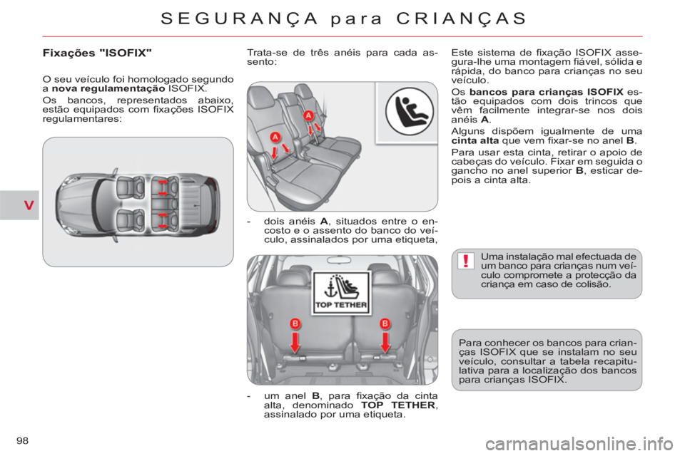 CITROEN C-CROSSER 2012 Manual do condutor (in Portuguese) V
!
SEGURANÇA para CRIANÇAS
98
Uma instalação mal efectuada de
um banco para crianças num veí-
culo compromete a protecção da
criança em caso de colisão.
Para conhecer os bancos para CITROEN C-CROSSER 2012 Manual do condutor (in Portuguese) V
!
SEGURANÇA para CRIANÇAS
98
Uma instalação mal efectuada de
um banco para crianças num veí-
culo compromete a protecção da
criança em caso de colisão.
Para conhecer os bancos para