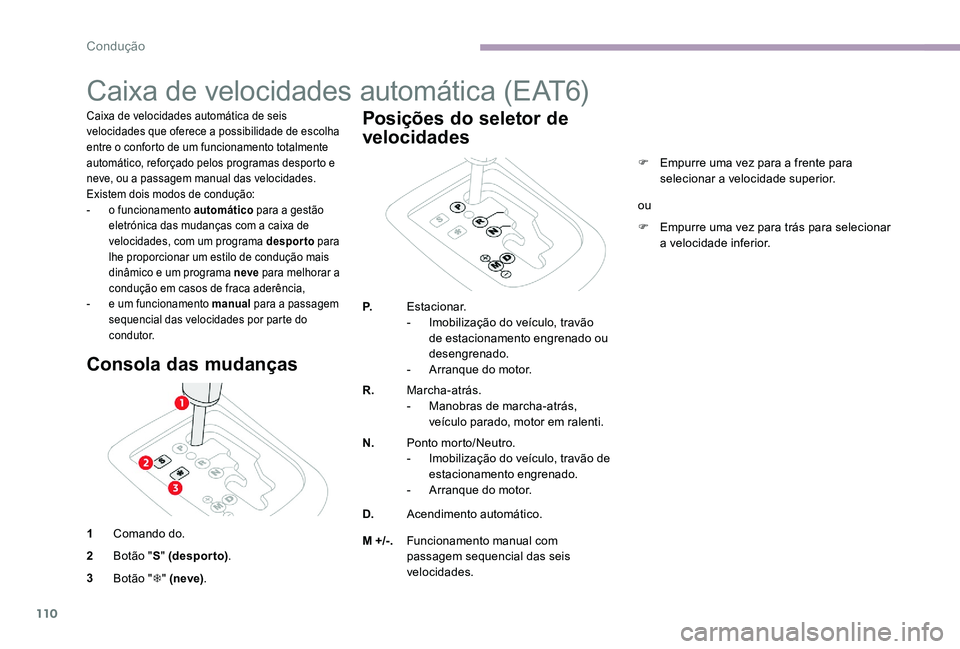 CITROEN C-ELYSÉE 2017 Manual do condutor (in Portuguese) 110
Caixa de velocidades automática (EAT6)
Caixa de velocidades automática de seis
velocidades que oferece a possibilidade de escolha
entre o conforto de um funcionamento totalmente
automático, CITROEN C-ELYSÉE 2017 Manual do condutor (in Portuguese) 110
Caixa de velocidades automática (EAT6)
Caixa de velocidades automática de seis
velocidades que oferece a possibilidade de escolha
entre o conforto de um funcionamento totalmente
automático,