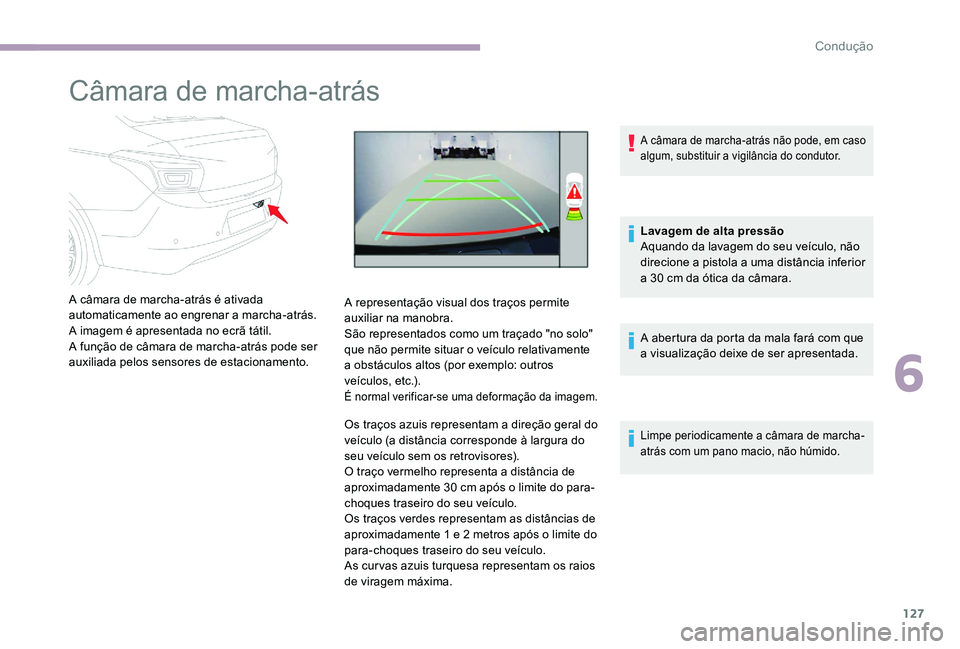 CITROEN C-ELYSÉE 2017 Manual do condutor (in Portuguese) 127
Câmara de marcha-atrás
A câmara de marcha-atrás é ativada
automaticamente ao engrenar a marcha-atrás.
A imagem é apresentada no ecrã tátil.
A função de câmara de marcha-atrás pode se CITROEN C-ELYSÉE 2017 Manual do condutor (in Portuguese) 127
Câmara de marcha-atrás
A câmara de marcha-atrás é ativada
automaticamente ao engrenar a marcha-atrás.
A imagem é apresentada no ecrã tátil.
A função de câmara de marcha-atrás pode se
