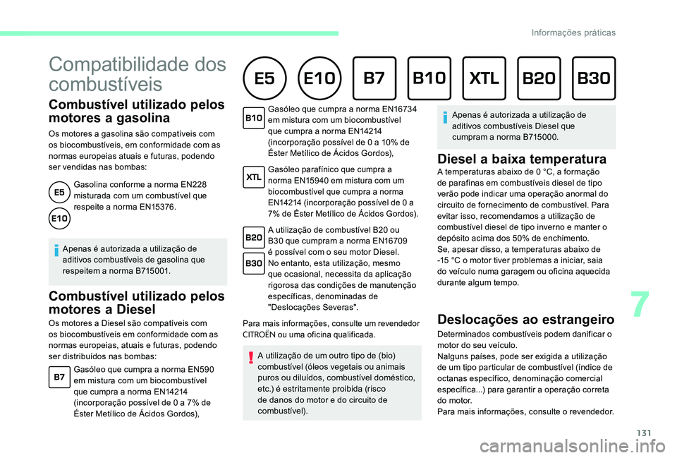 CITROEN C-ELYSÉE 2017 Manual do condutor (in Portuguese) 131
Combustível utilizado pelos
motores a gasolina
Os motores a gasolina são compatíveis com
os biocombustíveis, em conformidade com as
normas europeias atuais e futuras, podendo
ser vendidas CITROEN C-ELYSÉE 2017 Manual do condutor (in Portuguese) 131
Combustível utilizado pelos
motores a gasolina
Os motores a gasolina são compatíveis com
os biocombustíveis, em conformidade com as
normas europeias atuais e futuras, podendo
ser vendidas