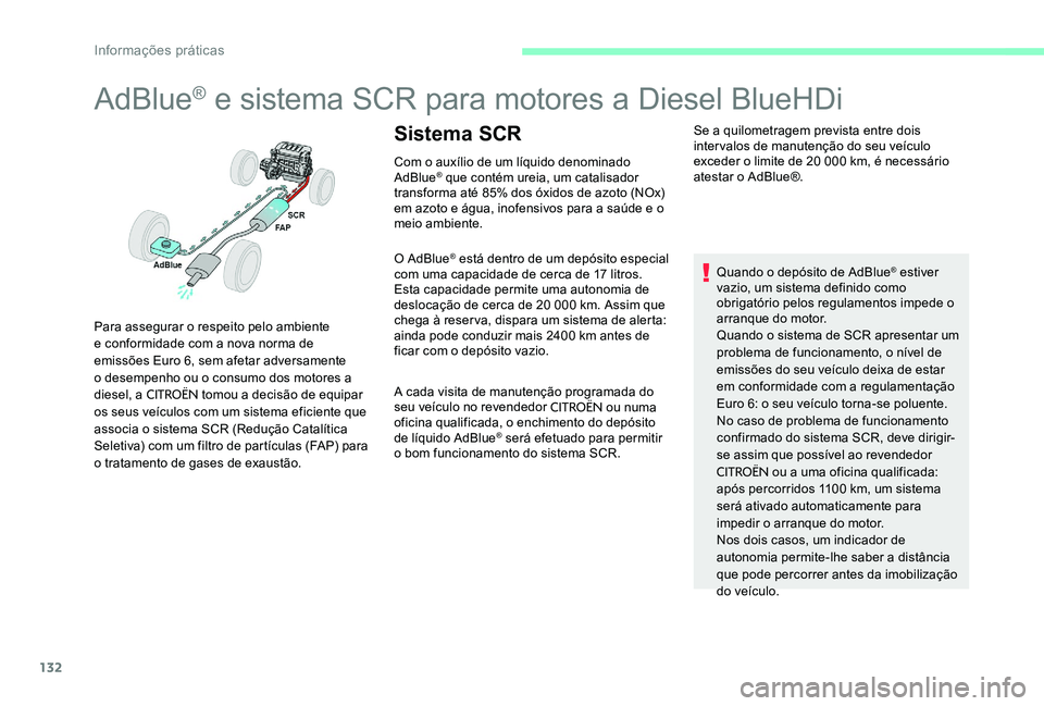 CITROEN C-ELYSÉE 2017 Manual do condutor (in Portuguese) 132
AdBlue® e sistema SCR para motores a Diesel BlueHDi
Com o auxílio de um líquido denominado
AdBlue® que contém ureia, um catalisador
transforma até 85% dos óxidos de azoto (NOx)
em azoto CITROEN C-ELYSÉE 2017 Manual do condutor (in Portuguese) 132
AdBlue® e sistema SCR para motores a Diesel BlueHDi
Com o auxílio de um líquido denominado
AdBlue® que contém ureia, um catalisador
transforma até 85% dos óxidos de azoto (NOx)
em azoto