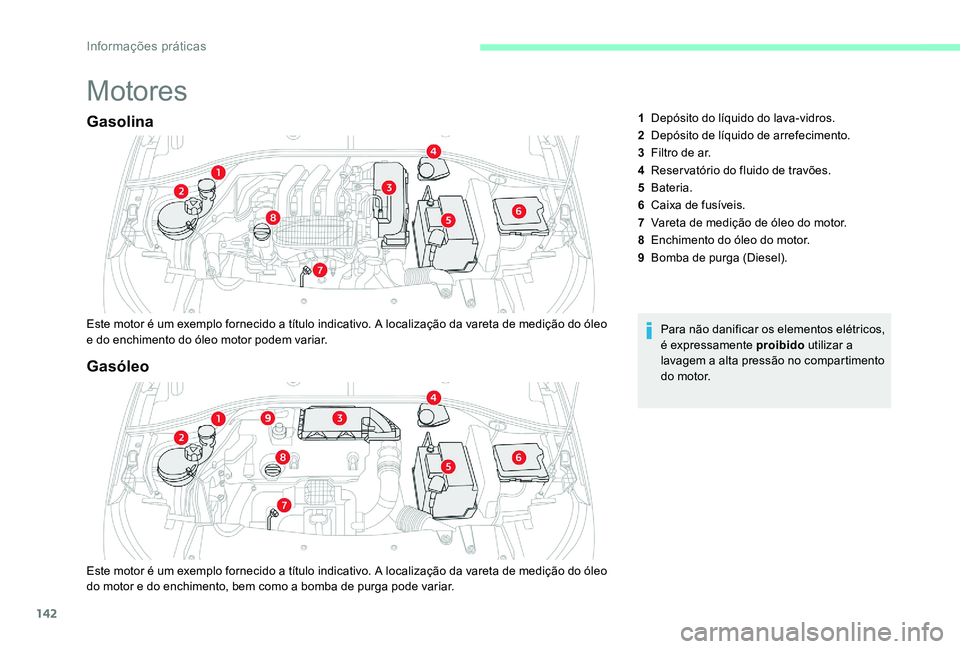 CITROEN C-ELYSÉE 2017 Manual do condutor (in Portuguese) 142
Motores
Gasolina
Este motor é um exemplo fornecido a título indicativo. A localização da vareta de medição do óleo
e do enchimento do óleo motor podem variar.Para não danificar os elemen CITROEN C-ELYSÉE 2017 Manual do condutor (in Portuguese) 142
Motores
Gasolina
Este motor é um exemplo fornecido a título indicativo. A localização da vareta de medição do óleo
e do enchimento do óleo motor podem variar.Para não danificar os elemen