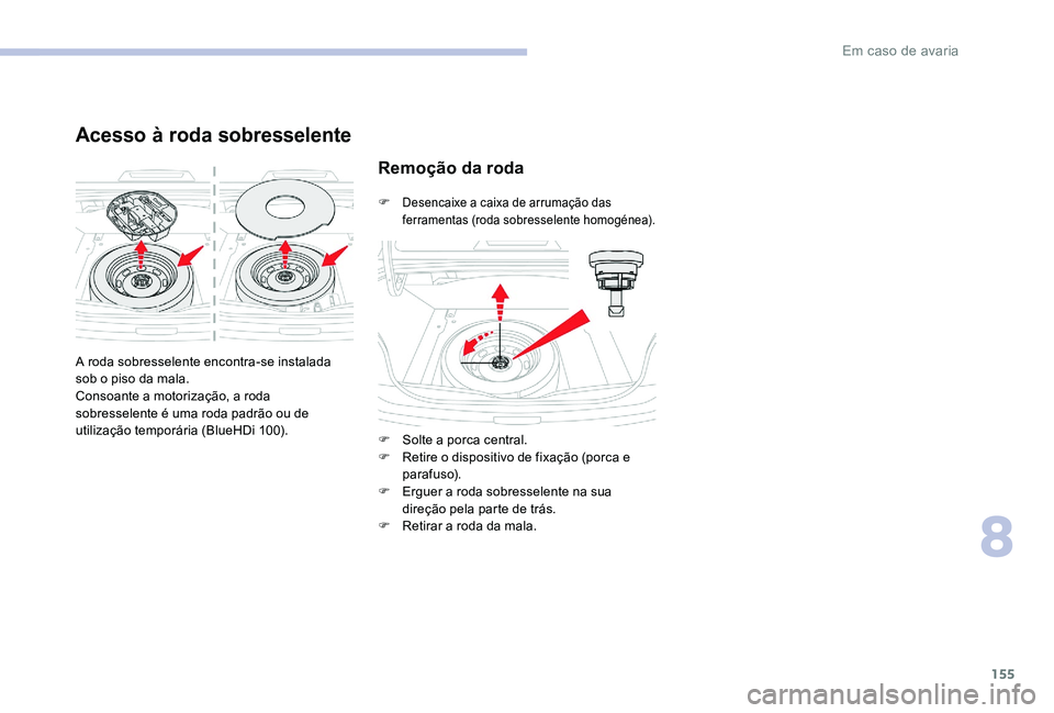 CITROEN C-ELYSÉE 2017 Manual do condutor (in Portuguese) 155
Acesso à roda sobresselente
A roda sobresselente encontra-se instalada
sob o piso da mala.
Consoante a motorização, a roda
sobresselente é uma roda padrão ou de
utilização temporária (B CITROEN C-ELYSÉE 2017 Manual do condutor (in Portuguese) 155
Acesso à roda sobresselente
A roda sobresselente encontra-se instalada
sob o piso da mala.
Consoante a motorização, a roda
sobresselente é uma roda padrão ou de
utilização temporária (B