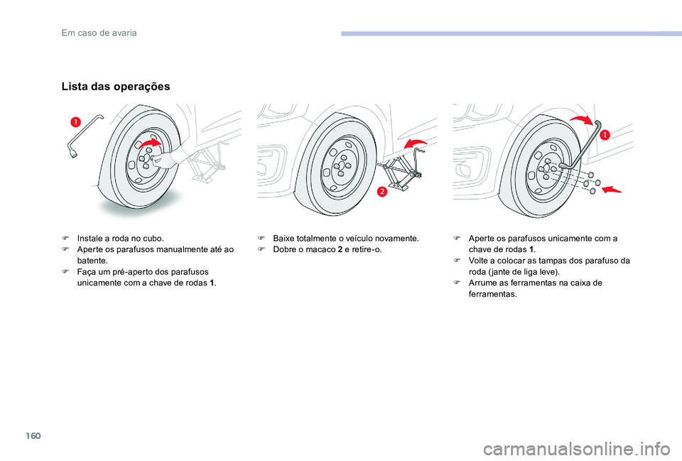 CITROEN C-ELYSÉE 2017 Manual do condutor (in Portuguese) 160
Lista das operações
F Instale a roda no cubo.
F A perte os parafusos manualmente até ao
batente.
F
F
aça um pré-aperto dos parafusos
unicamente com a chave de rodas 1 .F
B aixe totalmen CITROEN C-ELYSÉE 2017 Manual do condutor (in Portuguese) 160
Lista das operações
F Instale a roda no cubo.
F A perte os parafusos manualmente até ao
batente.
F
F
aça um pré-aperto dos parafusos
unicamente com a chave de rodas 1 .F
B aixe totalmen