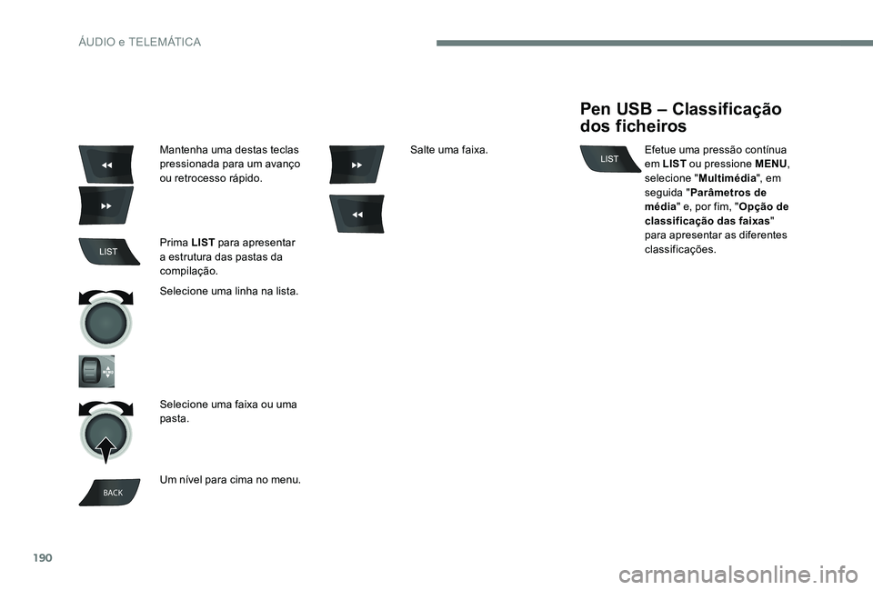 CITROEN C-ELYSÉE 2017 Manual do condutor (in Portuguese) 190
BACK
Mantenha uma destas teclas
pressionada para um avanço
ou retrocesso rápido.
Prima LIST para apresentar
a estrutura das pastas da
compilação.
Selecione uma linha na lista.
Selecione u CITROEN C-ELYSÉE 2017 Manual do condutor (in Portuguese) 190
BACK
Mantenha uma destas teclas
pressionada para um avanço
ou retrocesso rápido.
Prima LIST para apresentar
a estrutura das pastas da
compilação.
Selecione uma linha na lista.
Selecione u