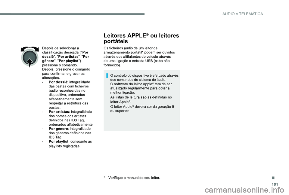 CITROEN C-ELYSÉE 2017 Manual do condutor (in Portuguese) 191
Leitores APPLE® ou leitores
portáteis
Os ficheiros áudio de um leitor de
armazenamento portátil* podem ser ouvidos
através dos altifalantes do veículo através
de uma ligação à entrad CITROEN C-ELYSÉE 2017 Manual do condutor (in Portuguese) 191
Leitores APPLE® ou leitores
portáteis
Os ficheiros áudio de um leitor de
armazenamento portátil* podem ser ouvidos
através dos altifalantes do veículo através
de uma ligação à entrad