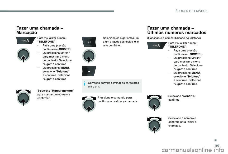 CITROEN C-ELYSÉE 2017 Manual do condutor (in Portuguese) 197
Fazer uma chamada –
Marcação
Para visualizar o menu
"TELEFONE ":
-
F
aça uma pressão
contínua em SRC/TEL .
-
O
u pressione Marcar
para mostrar o menu
de contexto. Selecio CITROEN C-ELYSÉE 2017 Manual do condutor (in Portuguese) 197
Fazer uma chamada –
Marcação
Para visualizar o menu
"TELEFONE ":
-
F
aça uma pressão
contínua em SRC/TEL .
-
O
u pressione Marcar
para mostrar o menu
de contexto. Selecio