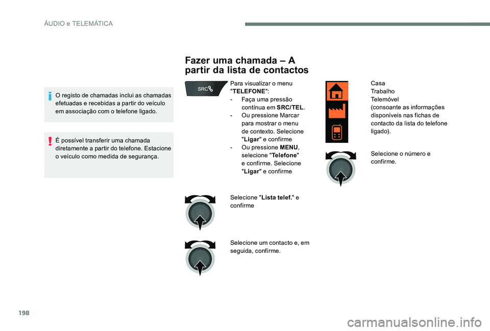 CITROEN C-ELYSÉE 2017 Manual do condutor (in Portuguese) 198
O registo de chamadas inclui as chamadas
efetuadas e recebidas a partir do veículo
em associação com o telefone ligado.
É possível transferir uma chamada
diretamente a partir do telefone. CITROEN C-ELYSÉE 2017 Manual do condutor (in Portuguese) 198
O registo de chamadas inclui as chamadas
efetuadas e recebidas a partir do veículo
em associação com o telefone ligado.
É possível transferir uma chamada
diretamente a partir do telefone.