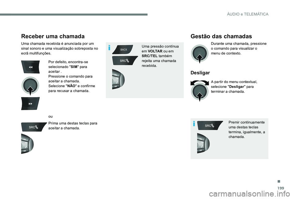 CITROEN C-ELYSÉE 2017 Manual do condutor (in Portuguese) 199
BACK
Receber uma chamada
Uma chamada recebida é anunciada por um
sinal sonoro e uma visualização sobreposta no
ecrã multifunções.
Por defeito, encontra-se
selecionado "SIM" para
CITROEN C-ELYSÉE 2017 Manual do condutor (in Portuguese) 199
BACK
Receber uma chamada
Uma chamada recebida é anunciada por um
sinal sonoro e uma visualização sobreposta no
ecrã multifunções.
Por defeito, encontra-se
selecionado "SIM" para