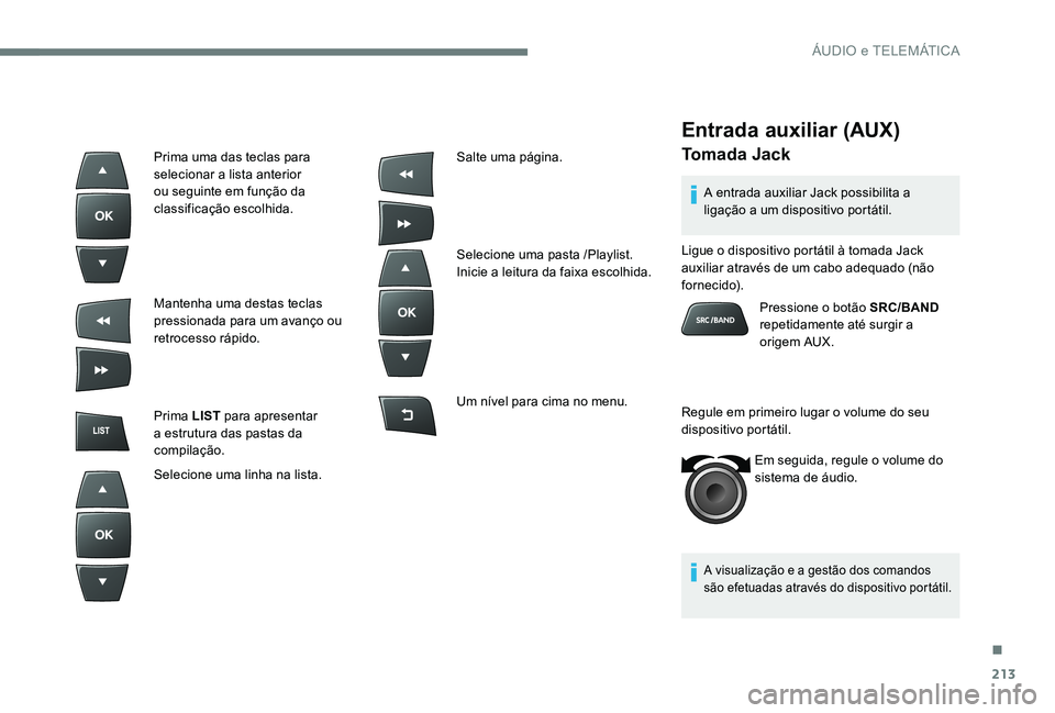 CITROEN C-ELYSÉE 2017 Manual do condutor (in Portuguese) 213
Entrada auxiliar (AUX)
Tomada Jack
A entrada auxiliar Jack possibilita a
ligação a um dispositivo portátil.
A visualização e a gestão dos comandos
são efetuadas através do dispositivo po CITROEN C-ELYSÉE 2017 Manual do condutor (in Portuguese) 213
Entrada auxiliar (AUX)
Tomada Jack
A entrada auxiliar Jack possibilita a
ligação a um dispositivo portátil.
A visualização e a gestão dos comandos
são efetuadas através do dispositivo po