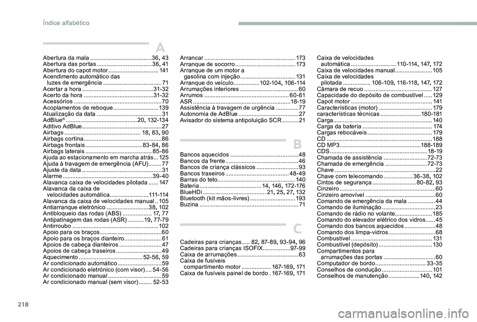 CITROEN C-ELYSÉE 2017 Manual do condutor (in Portuguese) 218
Abertura da mala ......................................36, 43
Abertura das portas .................................. 36,
41
Abertura do capot motor
...............................141
Acendimen CITROEN C-ELYSÉE 2017 Manual do condutor (in Portuguese) 218
Abertura da mala ......................................36, 43
Abertura das portas .................................. 36,
41
Abertura do capot motor
...............................141
Acendimen