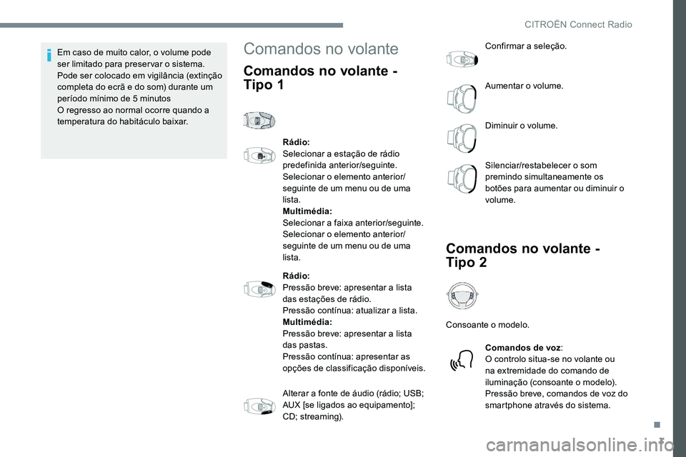 CITROEN C-ELYSÉE 2017 Manual do condutor (in Portuguese) 3
Em caso de muito calor, o volume pode
ser limitado para preservar o sistema.
Pode ser colocado em vigilância (extinção
completa do ecrã e do som) durante um
período mínimo de 5 minutos
O CITROEN C-ELYSÉE 2017 Manual do condutor (in Portuguese) 3
Em caso de muito calor, o volume pode
ser limitado para preservar o sistema.
Pode ser colocado em vigilância (extinção
completa do ecrã e do som) durante um
período mínimo de 5 minutos
O