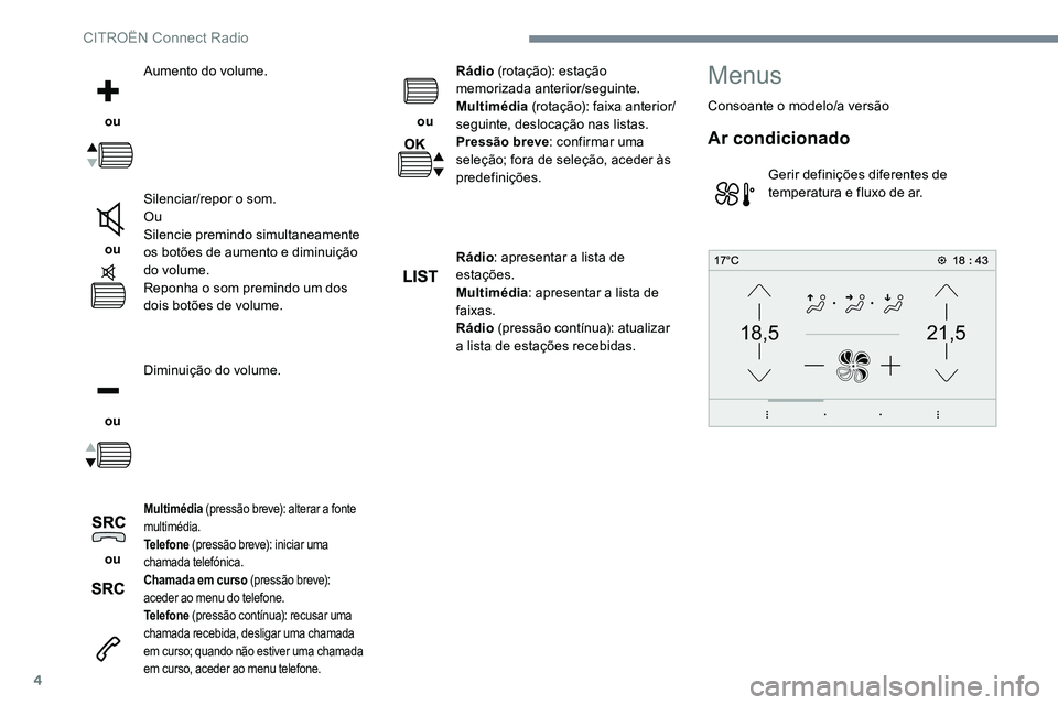 CITROEN C-ELYSÉE 2017 Manual do condutor (in Portuguese) 4
21,518,5
ou Aumento do volume.
ou Silenciar/repor o som.
Ou
Silencie premindo simultaneamente
os botões de aumento e diminuição
do volume.
Reponha o som premindo um dos
dois botões de volu CITROEN C-ELYSÉE 2017 Manual do condutor (in Portuguese) 4
21,518,5
ou Aumento do volume.
ou Silenciar/repor o som.
Ou
Silencie premindo simultaneamente
os botões de aumento e diminuição
do volume.
Reponha o som premindo um dos
dois botões de volu
