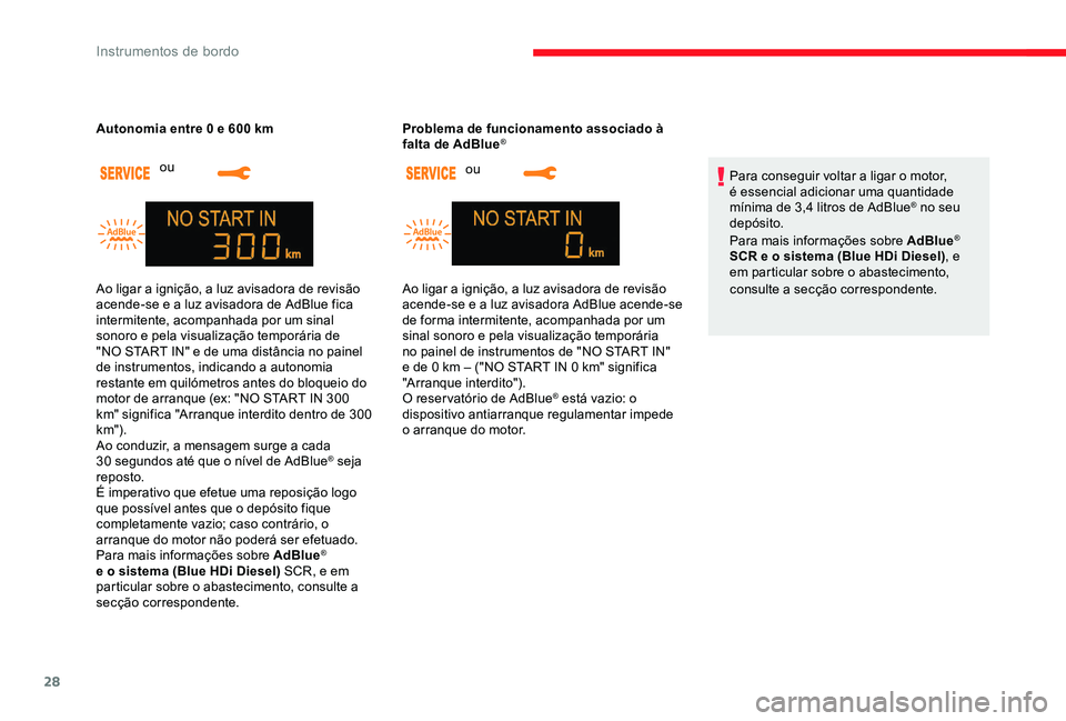 CITROEN C-ELYSÉE 2017 Manual do condutor (in Portuguese) 28
ou
Autonomia entre 0 e 600 km
ou
Problema de funcionamento associado à
falta de AdBlue
®
Para conseguir voltar a ligar o motor,
é essencial adicionar uma quantidade
mínima de 3,4 litros de CITROEN C-ELYSÉE 2017 Manual do condutor (in Portuguese) 28
ou
Autonomia entre 0 e 600 km
ou
Problema de funcionamento associado à
falta de AdBlue
®
Para conseguir voltar a ligar o motor,
é essencial adicionar uma quantidade
mínima de 3,4 litros de