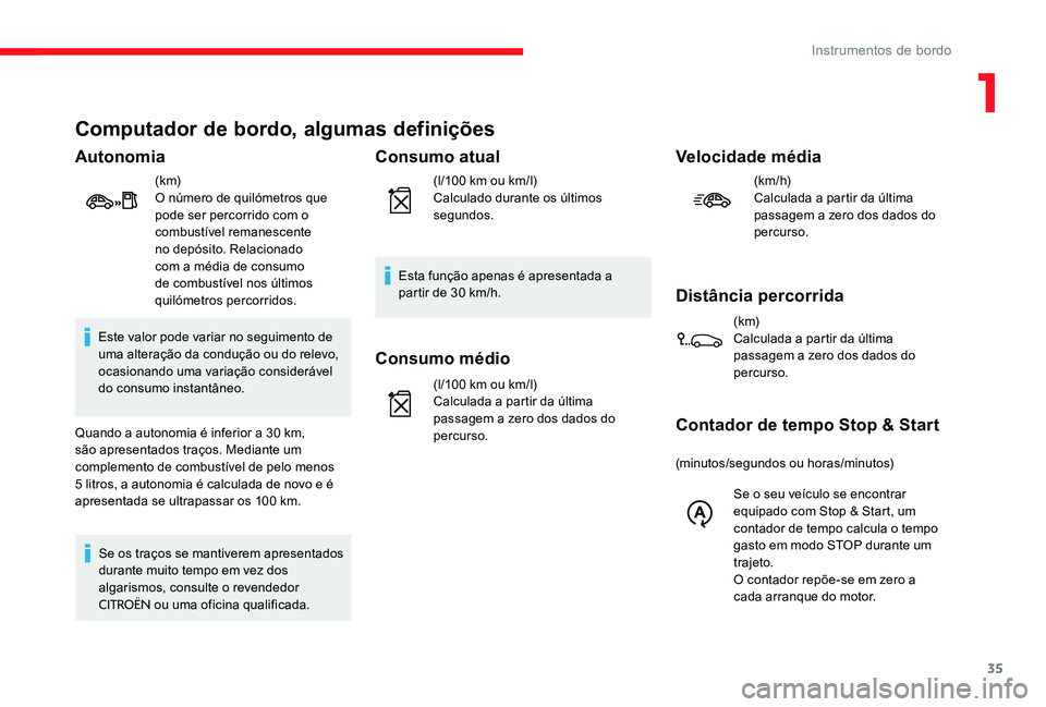 CITROEN C-ELYSÉE 2017 Manual do condutor (in Portuguese) 35
Computador de bordo, algumas definições
Autonomia
(k m)
O número de quilómetros que
pode ser percorrido com o
combustível remanescente
no depósito. Relacionado
com a média de consumo
de CITROEN C-ELYSÉE 2017 Manual do condutor (in Portuguese) 35
Computador de bordo, algumas definições
Autonomia
(k m)
O número de quilómetros que
pode ser percorrido com o
combustível remanescente
no depósito. Relacionado
com a média de consumo
de