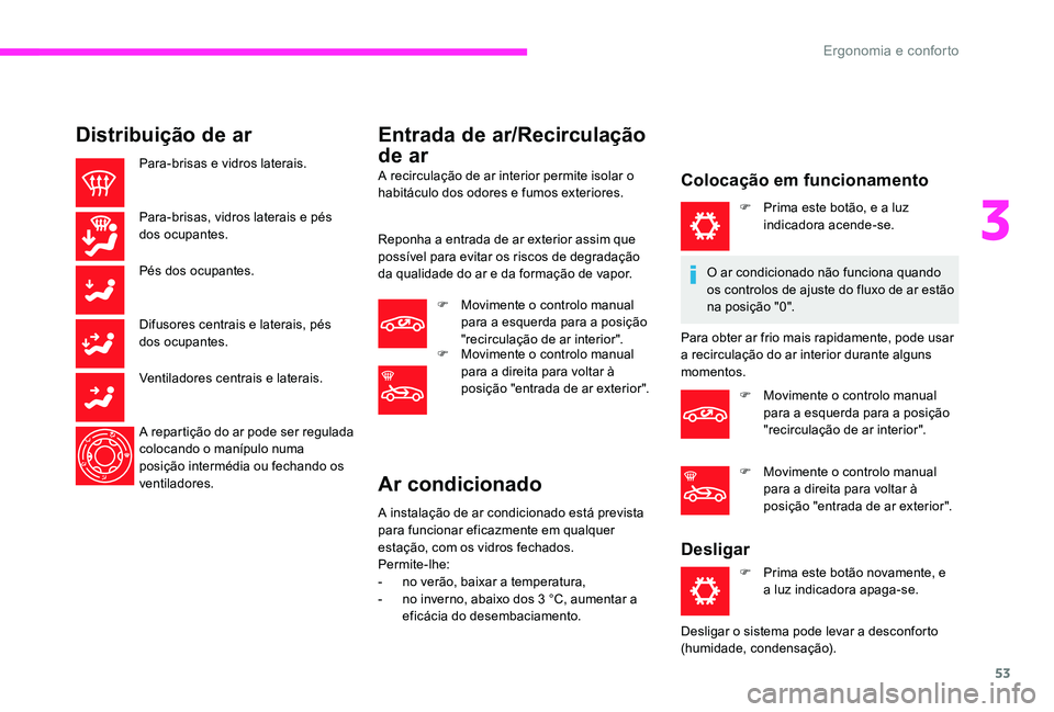CITROEN C-ELYSÉE 2017 Manual do condutor (in Portuguese) 53
Distribuição de ar
Para-brisas e vidros laterais.
Para-brisas, vidros laterais e pés
dos ocupantes.
Pés dos ocupantes.
Difusores centrais e laterais, pés
dos ocupantes.
Ventiladores centrais CITROEN C-ELYSÉE 2017 Manual do condutor (in Portuguese) 53
Distribuição de ar
Para-brisas e vidros laterais.
Para-brisas, vidros laterais e pés
dos ocupantes.
Pés dos ocupantes.
Difusores centrais e laterais, pés
dos ocupantes.
Ventiladores centrais