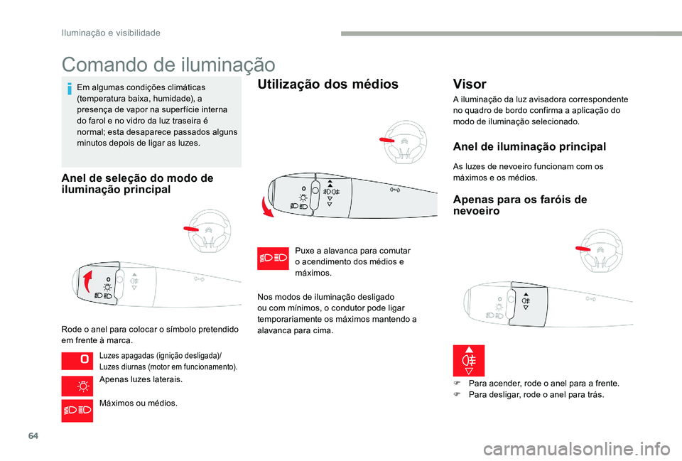 CITROEN C-ELYSÉE 2017 Manual do condutor (in Portuguese) 64
Comando de iluminação
Em algumas condições climáticas
(temperatura baixa, humidade), a
presença de vapor na super fície interna
do farol e no vidro da luz traseira é
normal; esta desapa CITROEN C-ELYSÉE 2017 Manual do condutor (in Portuguese) 64
Comando de iluminação
Em algumas condições climáticas
(temperatura baixa, humidade), a
presença de vapor na super fície interna
do farol e no vidro da luz traseira é
normal; esta desapa