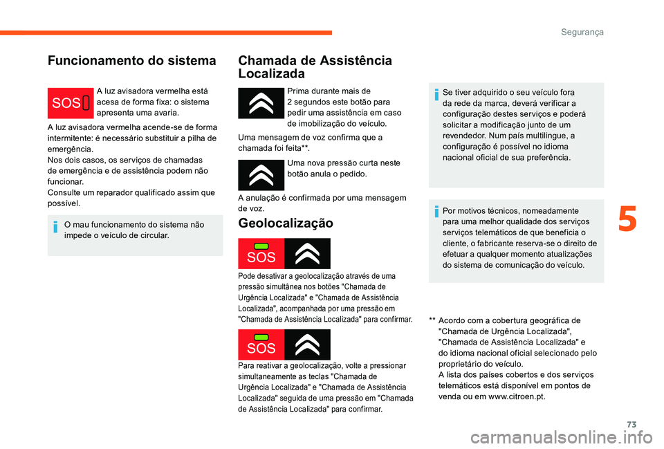 CITROEN C-ELYSÉE 2017 Manual do condutor (in Portuguese) 73
Funcionamento do sistema Chamada de Assistência Localizada
A luz avisadora vermelha está
acesa de forma fixa: o sistema
apresenta uma avaria.
A luz avisadora vermelha acende-se de forma
interm CITROEN C-ELYSÉE 2017 Manual do condutor (in Portuguese) 73
Funcionamento do sistema Chamada de Assistência Localizada
A luz avisadora vermelha está
acesa de forma fixa: o sistema
apresenta uma avaria.
A luz avisadora vermelha acende-se de forma
interm