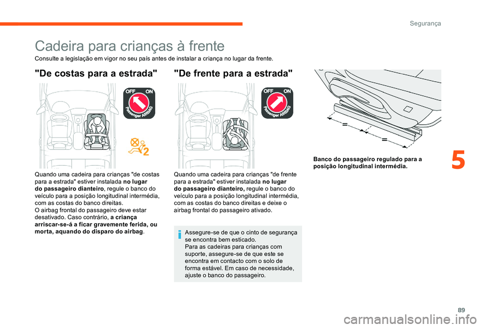 CITROEN C-ELYSÉE 2017 Manual do condutor (in Portuguese) 89
Cadeira para crianças à frente
Consulte a legislação em vigor no seu país antes de instalar a criança no lugar da frente.
"De costas para a estrada" "De frente para a estrada" CITROEN C-ELYSÉE 2017 Manual do condutor (in Portuguese) 89
Cadeira para crianças à frente
Consulte a legislação em vigor no seu país antes de instalar a criança no lugar da frente.
"De costas para a estrada" "De frente para a estrada"