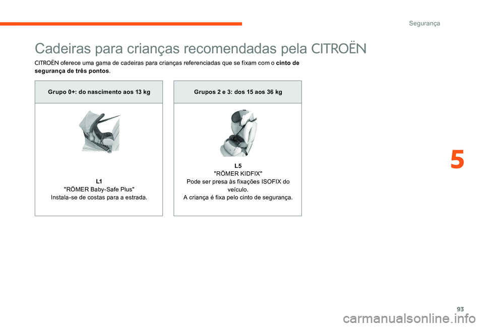 CITROEN C-ELYSÉE 2017 Manual do condutor (in Portuguese) 93
Cadeiras para crianças recomendadas pela CITROËN
CITROËN oferece uma gama de cadeiras para crianças referenciadas que se fixam com o cinto de
segurança de três pontos .
Grupo 0+: do nascimen CITROEN C-ELYSÉE 2017 Manual do condutor (in Portuguese) 93
Cadeiras para crianças recomendadas pela CITROËN
CITROËN oferece uma gama de cadeiras para crianças referenciadas que se fixam com o cinto de
segurança de três pontos .
Grupo 0+: do nascimen