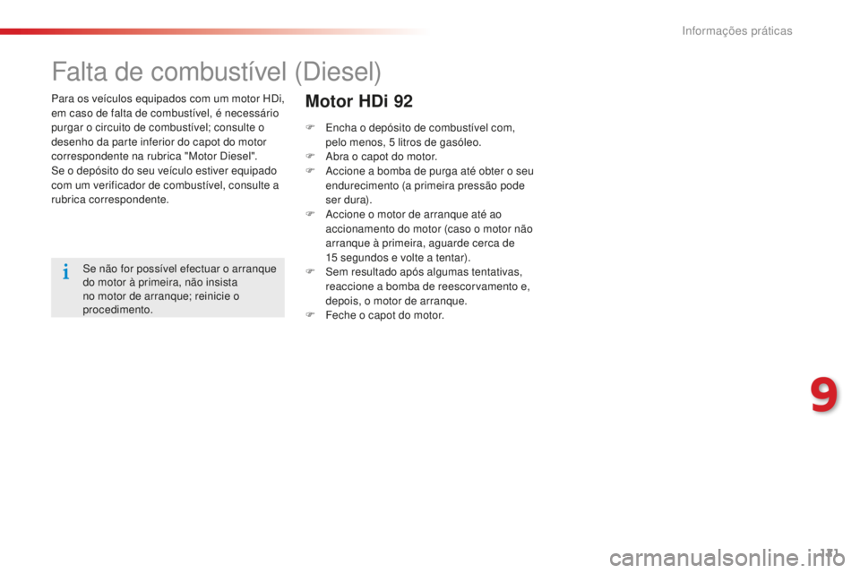 CITROEN C-ELYSÉE 2016 Manual do condutor (in Portuguese) 121
Para os veículos equipados com um motor Hdi,
em caso de falta de combustível, é necessário
purgar o circuito de combustível; consulte o
desenho da parte inferior do capot do motor
corresp CITROEN C-ELYSÉE 2016 Manual do condutor (in Portuguese) 121
Para os veículos equipados com um motor Hdi,
em caso de falta de combustível, é necessário
purgar o circuito de combustível; consulte o
desenho da parte inferior do capot do motor
corresp