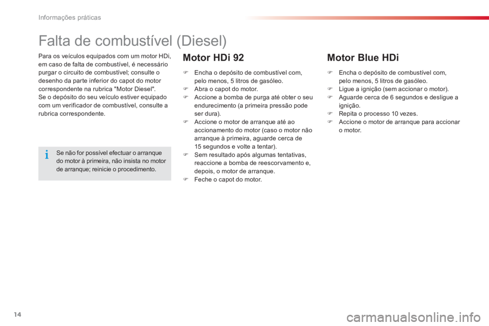 CITROEN C-ELYSÉE 2016 Manual do condutor (in Portuguese) 14
Informações práticas
Para os veículos equipados com um motor HDi,
em caso de falta de combustível, é necessário
purgar o circuito de combustível; consulte o
desenho da parte inferior CITROEN C-ELYSÉE 2016 Manual do condutor (in Portuguese) 14
Informações práticas
Para os veículos equipados com um motor HDi,
em caso de falta de combustível, é necessário
purgar o circuito de combustível; consulte o
desenho da parte inferior